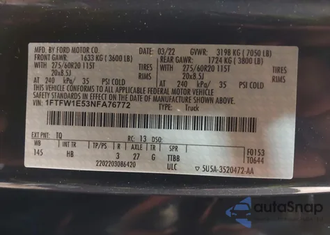 2022 Ford F-150 Lariat из США, поврежденный, VIN 1FTFW1E53NFA76772